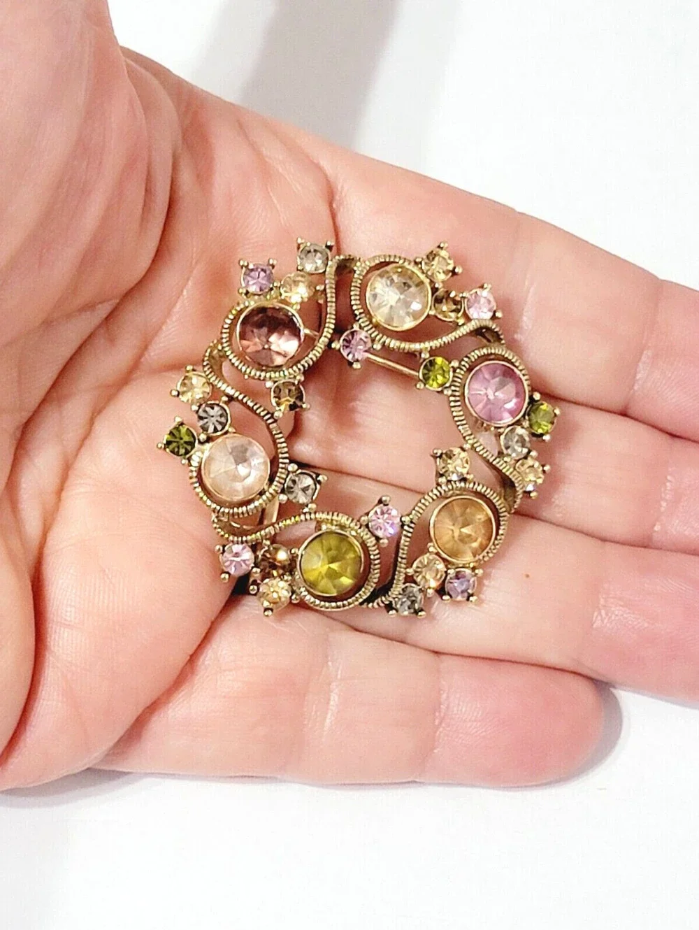 Monet Rhinestone Wreath Brooch Pin, Pink Green Amber Glass Designer go-102